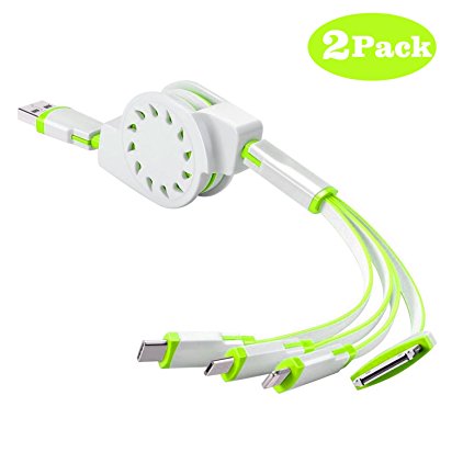 (2 Pack)Multi Charger,ANSOTT(3.3ft)Retracrable 4 in 1 Multifunctional USB Cable Adapter Connector with Type C/Micro USB/8 Pin Lighting/30 Pin for iPad,iPhone 7 Plus,Andriod,and More(Green White)