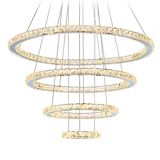 MEEROSEE MD8825-8642MNWW LED Crystal Modern Ceiling Fixtures Pendant Lighting Dining Room Contemporary Adjustable Stainless Steel Cable 4 Rings Chandelier, Warm White
