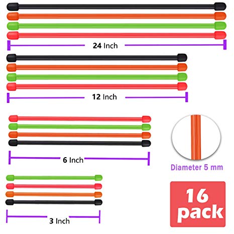Gear Ties,16-Pack,Reusable Rubber Twist Ties, Assorted Colors and Sizes,3 Inch, 6 Inch, 12 Inch, 24 Inch, Cable Tie Straps, All Purpose Bendable Tie for Indoor and Outdoor