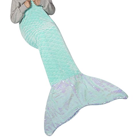 Ataya Mermaid Tail Blanket for Adults and Kids, Multicolor Soft Flannel Fleece All Seasons Sleeping Blanket,Best Gifts for Girls (green brush print body iridescent sequins tail)