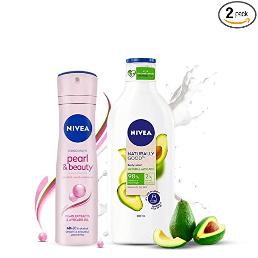 NIVEA Pearl and Beauty Deodorant 48Hours, 150ml and NIVEA Naturally Good, Natural Avocado Body Lotion, 200 ml