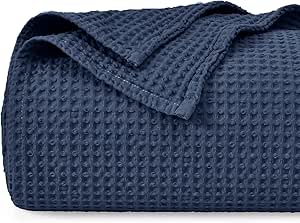 PHF 100% Cotton Waffle Weave Blanket Queen Size 90"x90"-Lightweight Washed Soft Breathable Blanket for All Season - Perfect Blanket Layer for Couch Bed Sofa-Elegant Home Decoration - Dark Navy