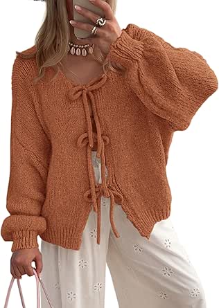 PRETTYGARDEN Women's Tie Front Bow Cardigan Sweaters Chunky Knit Long Puff Sleeve Trendy Fall Winter Jacket Coats