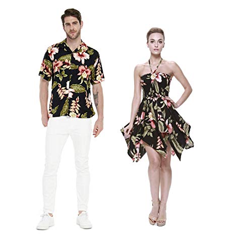 Couple Matching Hawaiian Luau Aloha Shirt Gypsy Dress in Black Rafelsia