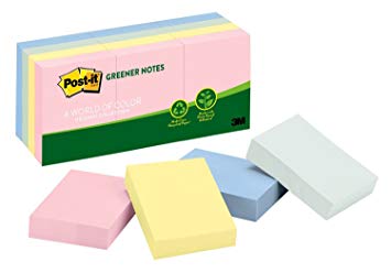 Post-it Greener Notes 653RPA Recycled Note Pads, 1 1/2 x 2, Assorted Helsinki Colors, 100-Sheet (Pack of 12)