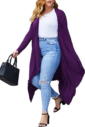 IN'VOLAND Women's Plus Size Cardigan Long Sleeve Open Front Drape Cardigans Lightweight Long Duster（L-5XL）