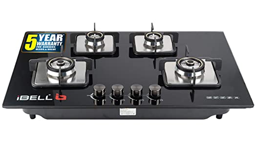 iBELL 555GH Hob Toughened Glass 4 Burner Top Gas Stove with Auto Ignition, Black