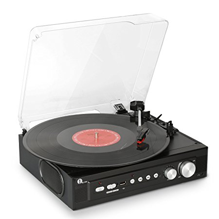 1byone Stereo Record Player with Built in Speakers, Mini Belt Drive Turntable Support Vinly-To-MP3 Recording, RCA Output and USB MP3 Playback