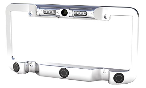 Power Acoustik LP-2CSC License Plate Frame (Chromed Metal) with Night Vision Camera and Back Up Collision Sensors (Patented)