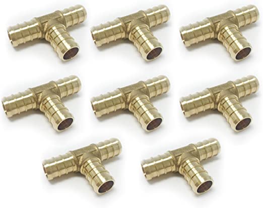 (PACK OF 8) EFIELD PEX 3/4 INCH TEE BRASS CRIMPING FITTING(NO LEAD) - FOR PEX PIPING/TUBING - 8pcs (3/4"x3/4"x3/4")