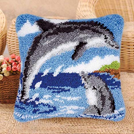 MLADEN Latch Hook Kits for DIY Throw Pillow Cover Sofa Cushion Cover Embroidery Shaggy Decoration Family Gift and Activity 17" X 17" (Dolphin)