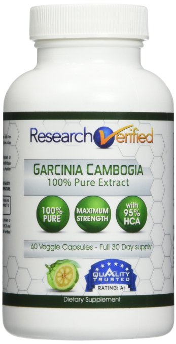 95% HCA (Top Proven Potency) 100% PURE Garcinia Cambogia by Research Verified - 60 Capsules (1 Month Supply) - All Natural Appetite Suppressant and Weight Loss Supplement - 100% Money Back Guarantee!