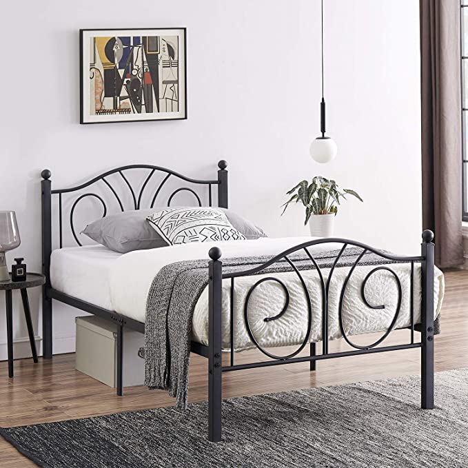 VECELO Metal Platform Twin Size Bed Frame with Headboard and Footboard, Iron Mattress Foundation No Box Spring Needed, Heavy Duty/Easy Set Up