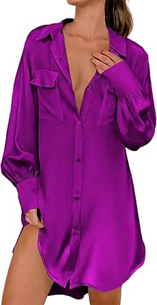 Ekouaer Women Satin Sleep Shirt Long Sleeve Nightgown Button Down Nightshirt Silk Sleepwear Soft Pajama Dress Sleep Dress