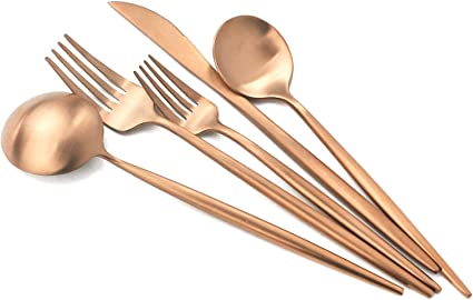 Gugrida Copper Gold Flatware, Royal 5 Pieces Luxury Matte Finish 18/10 Stainless Steel Tableware Sets for 1 Including Forks Spoons Knives, Camping Silverware Travel Utensils Set Cutlery (Rose Gold)