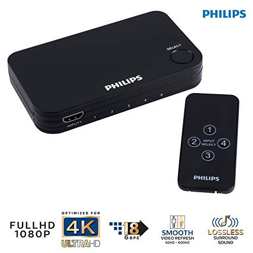 Philips 4 Device HDMI Switch, Wireless Remote, Use with 4K Smart TV Roku Xbox PS3 PS4 Fire Stick DVD Blu Ray Fire TV HDTV Cable Box PC, 4K 1080p 60 FPS, Ultra HD, HDCP 2.0, Black, SWV9484B/27