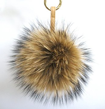 AURORA168 Super big Natural brown Luxury Fluffy Fur Pom Pom Ball Keyring / Bag Purse Charm Gold Ring