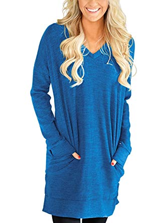 LERUCCI Womens Casual Long Sleeves Solid V-Neck Tunics Shirt Tops with Pockets