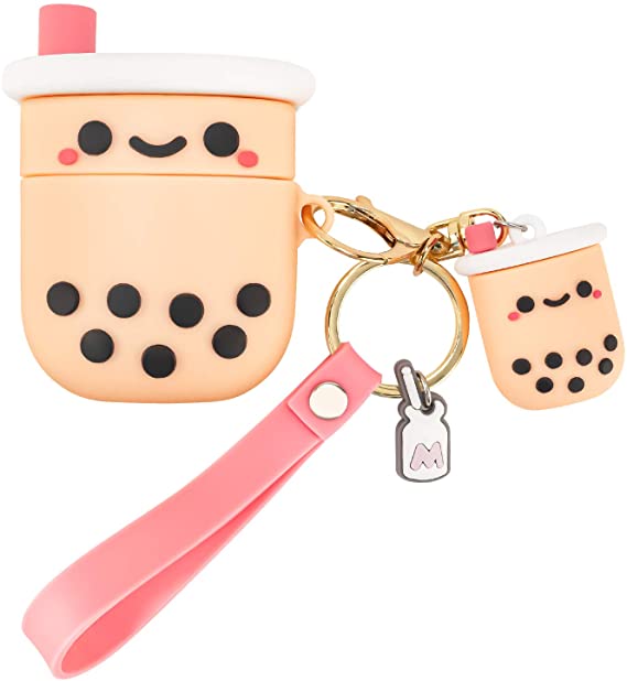 Newseego Compatible with Airpods 1 & 2 Case, [Cartoon Bubble Milk Tea Cup Design] Cute 3D Funny Soft Silicone Pink Cover Case with Cute Keychain Shockproof Protective Headphones Case for Girls Women