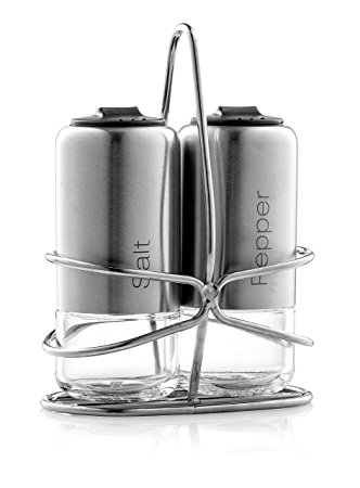 Home Fashions Set of 2 Salt and Pepper Shakers, Grinder Designed with Glass Bottom and Stainless Steel, Comes with Metal Stand