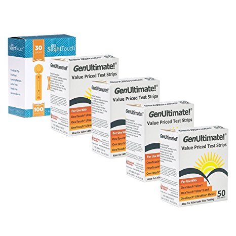 GenUltimate Blood Glucose Test Strips For Use with One Touch Ultra Meters - 200 Strips With 100 Slight Touch Lancets