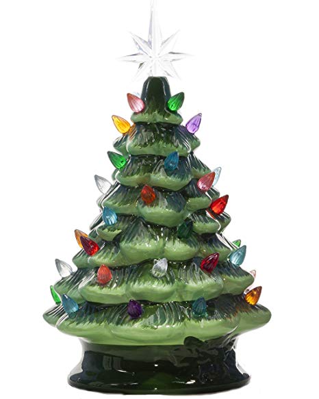 ReLive Christmas is Forever Lighted Tabletop Ceramic Tree with Timer Switch (11" Green Tree/Multi Color Lights)