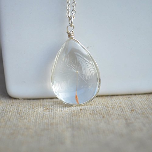 Dandelion Seed Wish Real Flower Glass Water Drop 925 Sterling Silver Necklace 17.7" Length