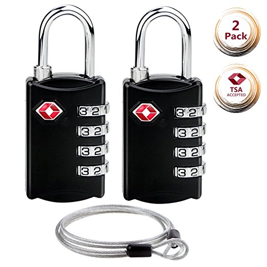 TSA Lock TSA Security Padlock - WisFox 4-Dial TSA Luggage Locks Combination Steel Padlocks Approved Travel Lock for Suitcases & Baggage, Black, 2 Pack