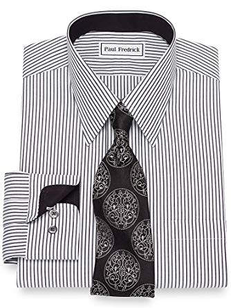 Paul Fredrick Men's Slim Non-Iron Cotton Bengal Stripe Button Cuff Dress Shirt Black/White