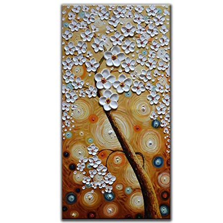 Asdam Art - 3D Hand Painted Tree Oil Paintings on Canvas White and Orange Wall Art Modern Artwork Vertical Abstract Floral Wall Art Framed for Living Room Bedroom Hallway(20x40inch)