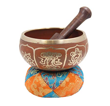 DharmaObjects Gorgeous Meditation 8 Lucky Symbols Singing Bowl / Cushion / Mallet (Orange)