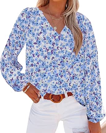 BTFBM Women Casual Boho Blouse Fashion Floral Shirts V Neck Long Puff Sleeve Lightweight Chiffon Summer Fall Tops 2024