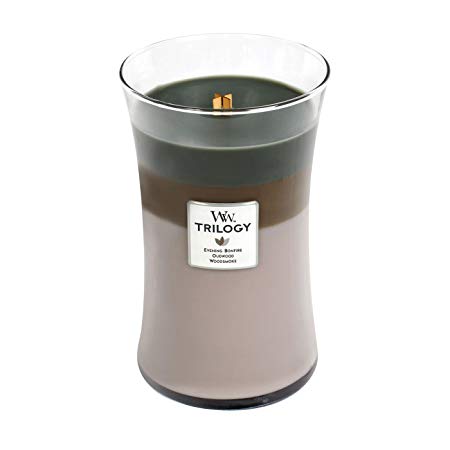 WoodWick Trilogy Cozy Cabin, 3-in-1 Highly Scented Candle, Classic Hourglass Jar, Large 7-inch, 21.5 oz