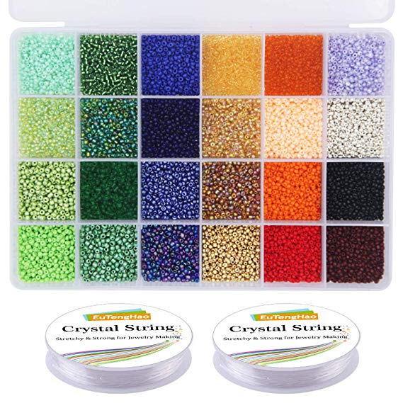 EuTengHao 14400pcs Glass Seed Beads Small Craft Beads Small Pony Beads for DIY Bracelet Necklaces Crafting Jewelry Making Supplies with Two 0.5mm Clear Bracelet String (600Pcs Per Color, 24 Colors)