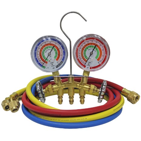 Mastercool (59161) Brass R410A, R22, R404A 2-Way Manifold Set with 3-1/8" Gauges, 3-60" Hoses and Standard 1/4" Fittings