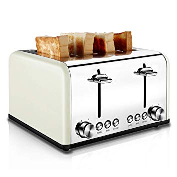 Toaster 4 Slice, CUSIBOX Extra Wide Slots Stainless Steel Four Slice Toaster, BAGEL/DEFROST/CANCEL Function, 1650W, Cream