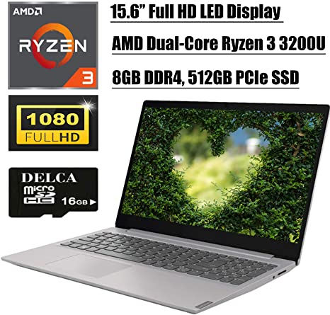 Lenovo Ideapad S145 15 2020 Newest Laptop I 15.6" FHD Display I AMD Ryzen 3 3200U(&gt; i5-7200U) I 8GB 512GB PCIe SSD I WiFi Webcam Dolby Audio 4-in-1 Card Reader Win 10   Delca 16GB Micro SD Card