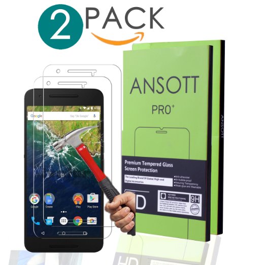 (2 Pack) Nexus 6 Screen Protector,ANSOTT Google Nexus 6 Tempered Glass Screen Protector,0.26mm 9H Hardness Featuring Anti-Scratch,Lifetime Warranty