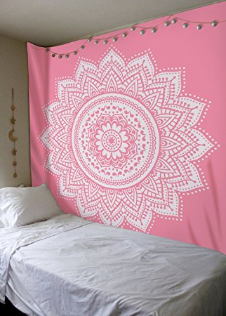 Labhanshi Pink Mandala Tapestry , Indian Hippie Wall Hanging , Bohemian Queen Wall Hanging, Bedspread Beach Tapestry 82x92 inch