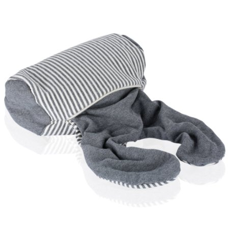 LANGRIA 2-in-1 Transformable Microbeads Airplane Travel Neck Support Pillow Grey and White Stripes