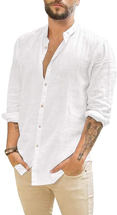 Makkrom Mens Long Sleeve Shirts Linen Cotton Button Up Loose Summer Beach Yoga Shirt