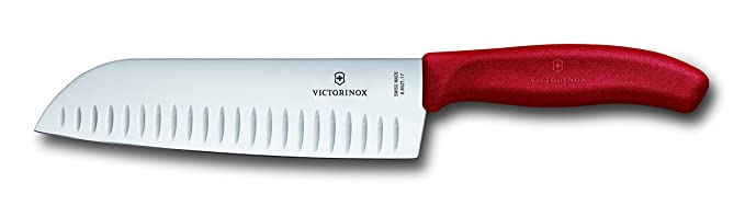 Victorinox Stainless Steel Chef Knife,"Swiss Classic", 17 cm Stamped Santoku Knife with Fluted Edge for Professional and Household Kitchen, Red, Swiss Made