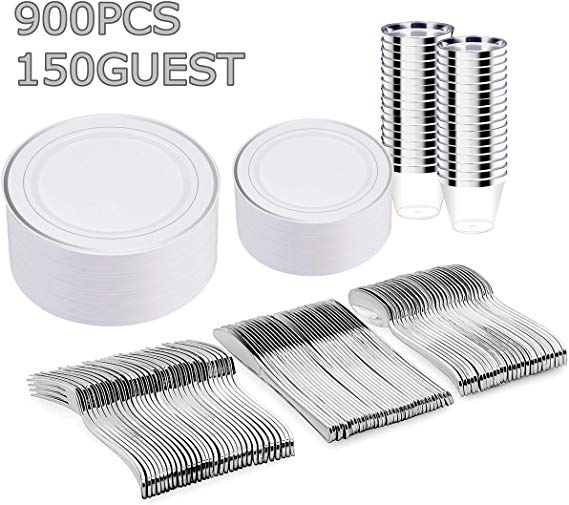 900 Piece Silver Disposable Dinnerware Set - 150 Silver Rimmed Plastic Plates - 150 Silver Plastic Silverware - 150 Silver Plastic Cups,Silver Tableware Set for Party or Wedding up to 150 Guests