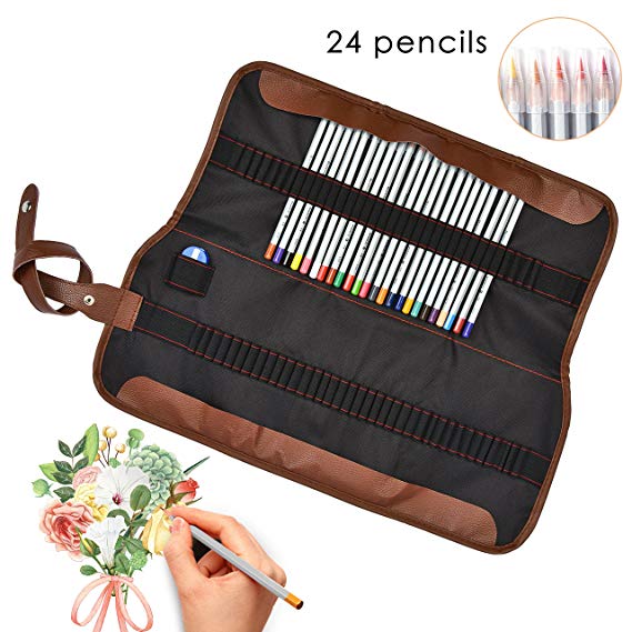 Colored Pencil Case Holder, Lucco 72 Holes 24 Colored Pencils Set Portable Roll-Up Canvas Wrap Case Waterproof Color Pencils Bag For Artists, Beginners, Students-24 Colors