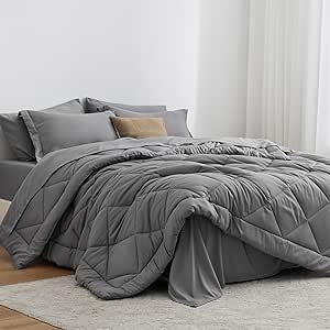 Love's cabin Twin Comforter Set Grey, 5 Pieces Twin Bed in a Bag, All Season Twin Bedding Sets with 1 Comforter, 1 Flat Sheet, 1 Fitted Sheet, 1 Pillowcase and 1 Pillow Sham