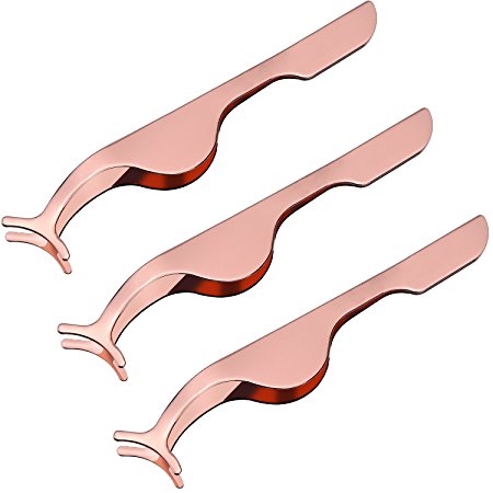 3 Pack Eyelashes Clip Stainless Steel False Eyelashes Extension Applicator Tool Fish Tail Clip Tweezers Nipper Tool (Rose Gold)