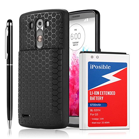 iPosible For LG G3 Extended Battery BL-53YH [ 6700mAh] With Back Cover & Extended TPU Protective Case (Up to 240% Extra Battery Power) - 24 Month Warranty [ 2in1 Stylus Pen Included]