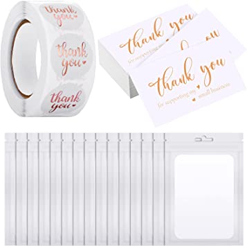 620 Pieces Thank Cards and Stickers Set Thank Gold Foil Stickers Thank for Supporting My Small Business Stickers with Resealable Packaging Bag, Suitable for Business Owners(White)