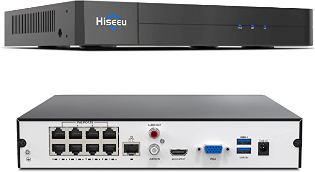 【16 channel Extendable】Hiseeu 8 Port 4K PoE Network Video Recorder NVR, Support 4K/2K/8MP/5MP/3MP/1080P PoE Camera, Free Remote Access, Motion Alarm, 24/7 Recording, Smart Playback, No Hard Disk Drive