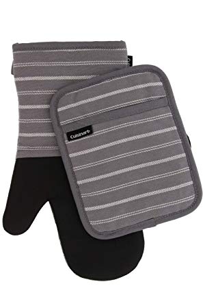 Cuisinart Kitchen Oven Mitt/Glove & Rectangle Potholder with Pocket Set w/Neoprene for Easy Gripping, Heat Resistant up to 500 Degrees F, Twill Stripe- Titanium Grey